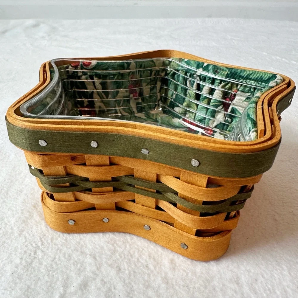 Longaberger 2001 Tree Trimming Star Basket Green Fabric Liner Plastic Protector